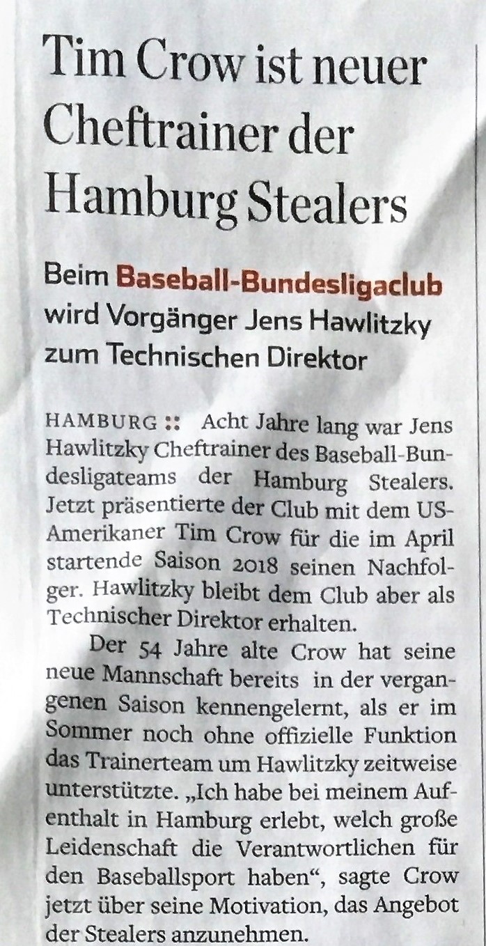 Hamburger Abendblatt, 10.1.2018Tim Crow ist neuer Cheftrainer der Hamburg Stealers