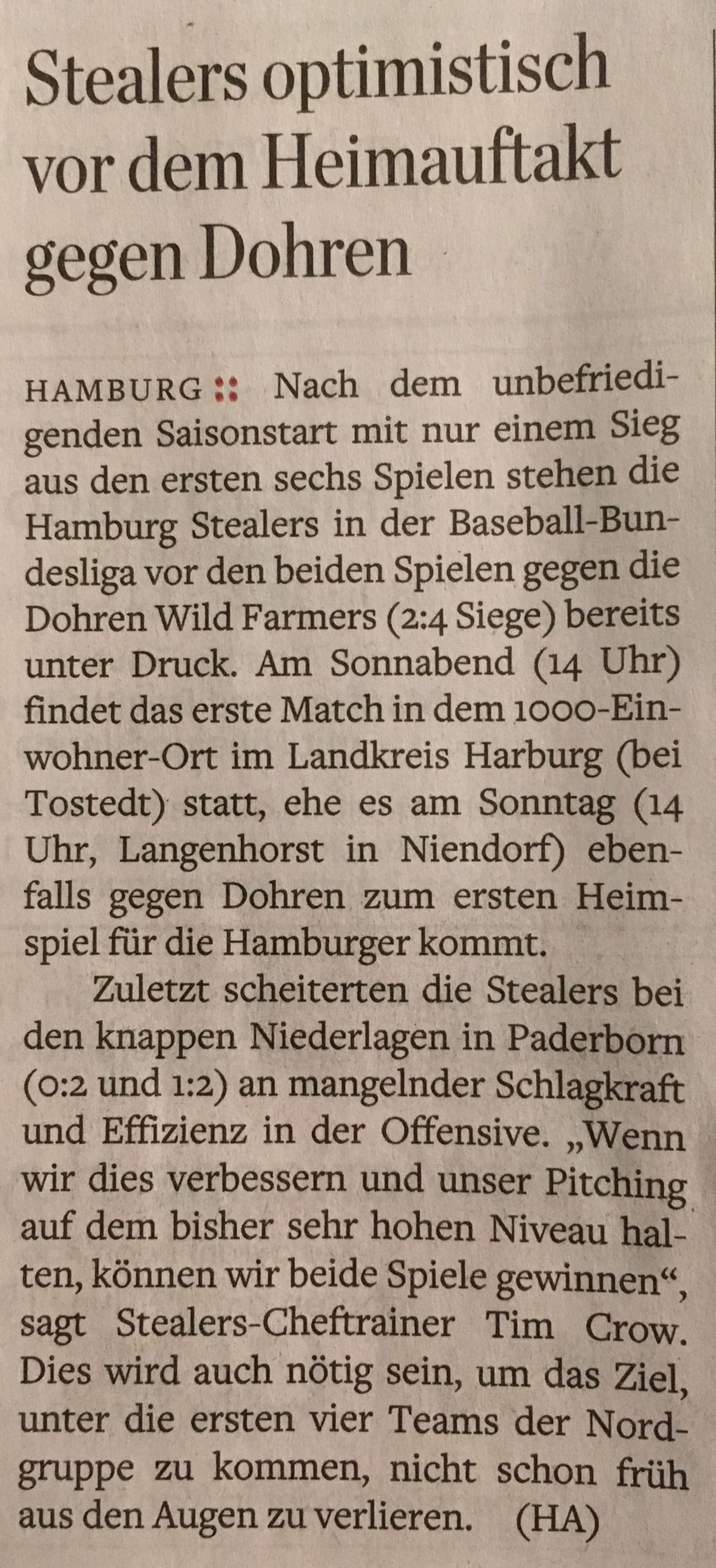 Hamburger Abendblatt, 9.4.2018 Baseball