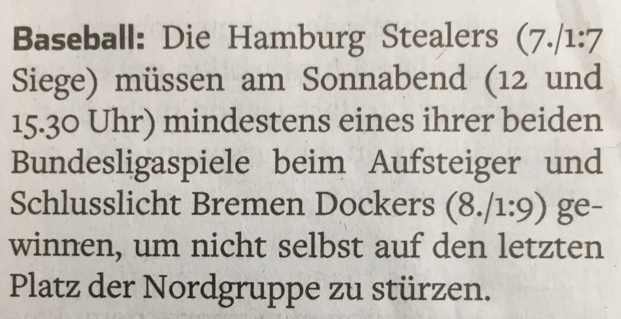Hamburger Abendblatt, 5.5.2018 Baseball 1. BL