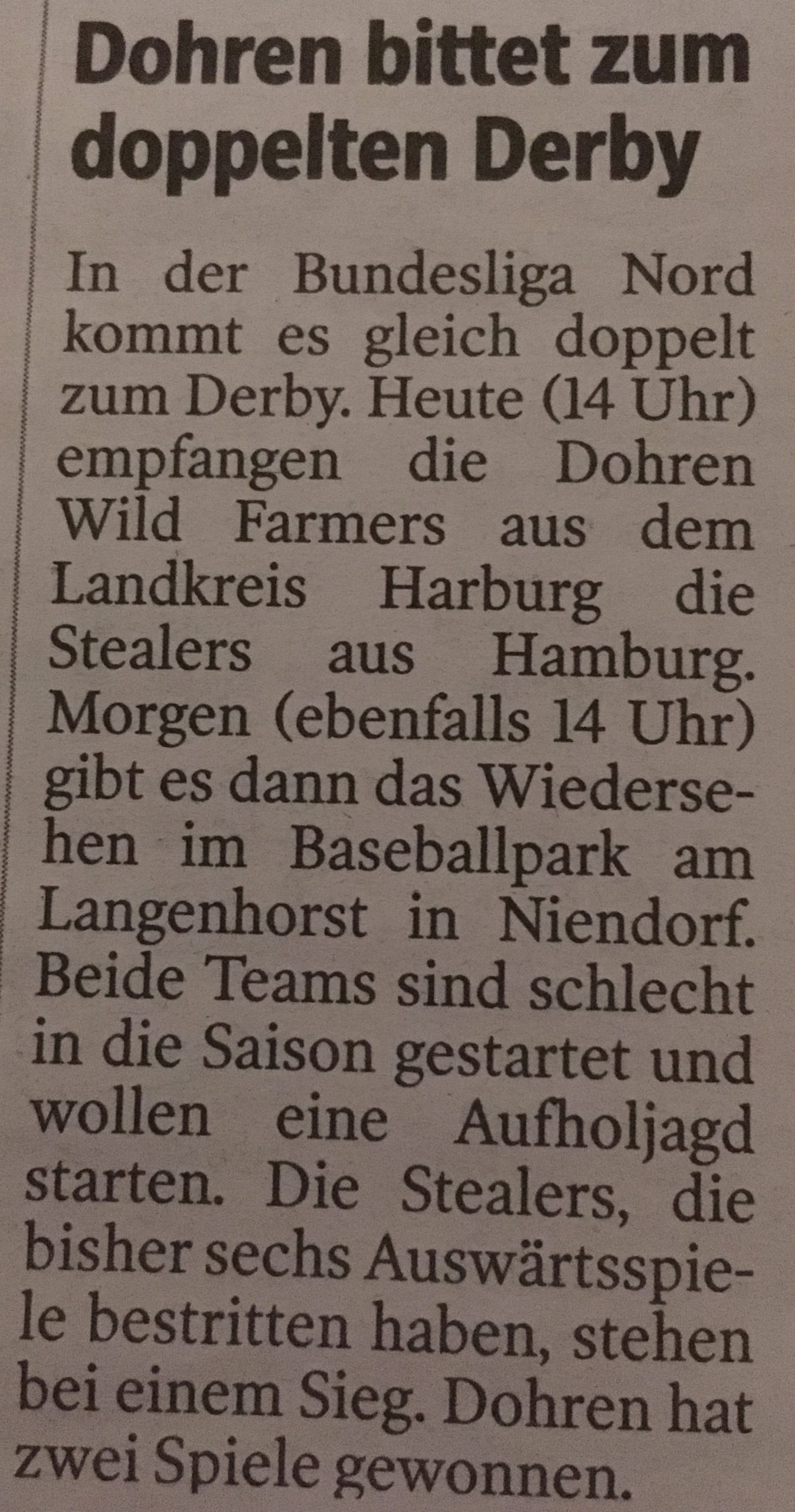 Hamburger Morgenpost 28.4.2018 Baseball