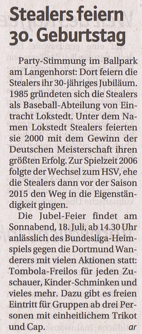 Niendorfer Wochenblatt, 15.7.2015 Stealers feiern 30. Geburtstag (2)